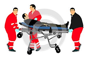 First aid training, help after crash accident transport injured person. Paramedics evacuate injured person.