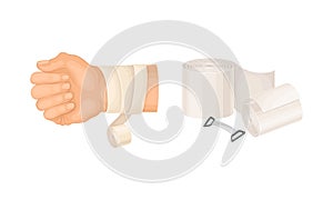 First aid for wound. Medical bandage wrapped around hurt human hand vector illustration