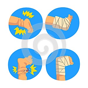 First Aid for Wounded Leg in Blue Circle Vector Set