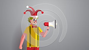 First april fool day man in funny jester hat and clown mask holding loudspeaker holiday celebration concept horizontal