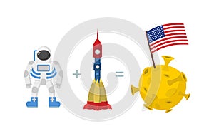 First Astronaut on moon. American flag on moon. Space rocket an