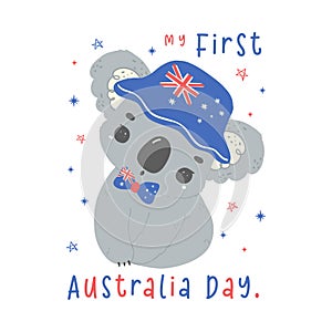 First Australia day baby koala with flag in adroable pose animal celebrate Australian Nation day cartoon hand drawing