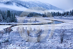 First autumn snow and the river in mountains