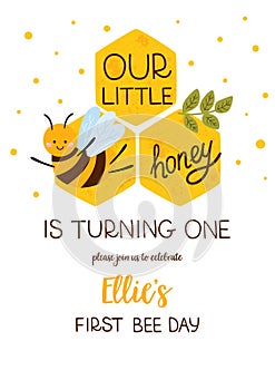 First Baby birthday invitation template. Bee party decorative card for kids birth card with text Our little honey