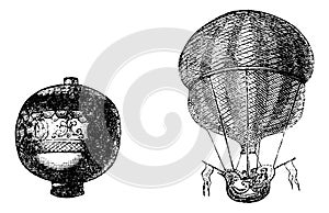 First balloon or Hot air balloon, vintage engraving