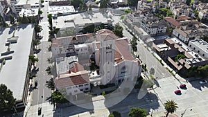 First Baptist Church in city of Pasadena, Los Angeles California, rising aerial