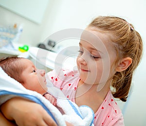 First bath of newborn baby boy.