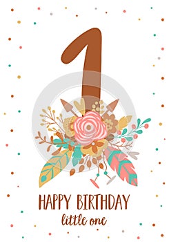 First birthday. Baby boho first birthday card template Pink tribal floral rainbow banner. Vector invitation