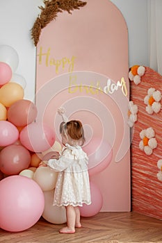 First birthday baby girl. Pink decor. Beautiful dress