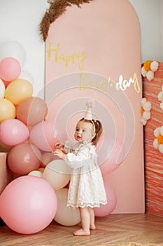 First birthday baby girl. Pink decor. Beautiful dress