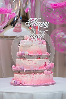 First birthday cake. beautiful cake for the first birthday of the little princess decor on the cake inscription in Russian Mary 1