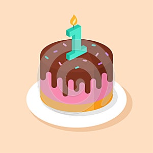 First Birthday cake. Vector illustration with festive cake and candle number 1