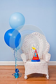 First birthday chair, balloons, hat