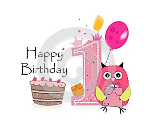First birthday greeting card. Cute pink owl, balloon and birthday cake vector background