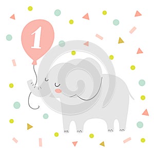 First birthday greeting card or party invitation with a cute vetor elephant illustration. Elephant holding a balloon on