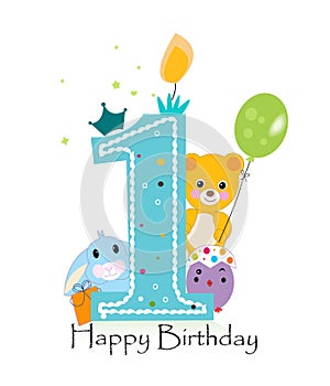 First birthday greeting card. Teddy bear, bunny and chick vector background