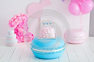 First birthday smash the cake. A pink cake stands on a large blue macaroon. First birthday