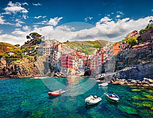 First city of the Cique Terre sequence of hill cities - Riomaggiore. Colorful morning view of Liguria, Italy, Europe. Great spring