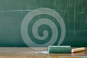 First-class, An empty green chalkboard with an eraser and white chalk, ready for Teacher's Day