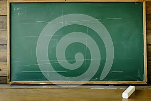 First-class, An empty green chalkboard with an eraser and white chalk, ready for Teacher's Day