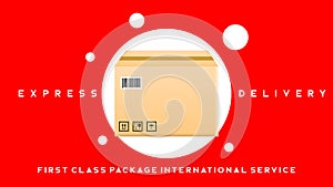 First class package international service banner in red background