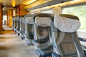 first class train interior in Germany. Travel in comfortable train. View from inside