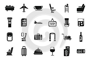 First class travel icons set simple vector. Airplane service