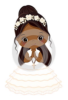 First Communion for African American Girl. Vector 1st Communion for Cute Little Black Girl