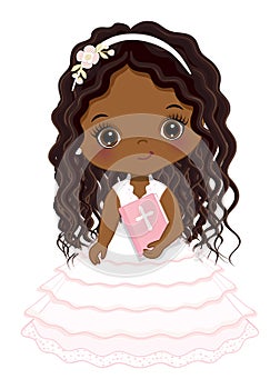 First Communion for African American Girl. Vector 1st Communion for Cute Little Black Girl