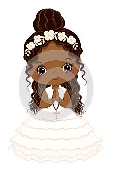 First Communion for African American Girl. Vector 1st Communion for Cute Little Black Girl