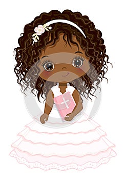 First Communion for African American Girl. Vector 1st Communion for Cute Little Black Girl