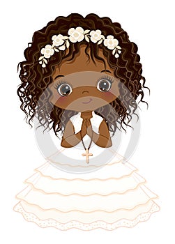 First Communion for African American Girl. Vector 1st Communion for Cute Little Black Girl