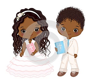 First Communion for African American Kids. Vector 1st Communion for Cute Little Black Girl and Boy