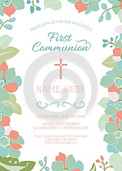 First Communion, Baptism, Christening Invitation Template with Floral Border