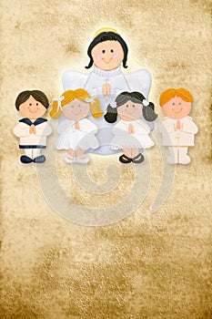 First communion card,angel with children