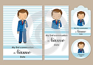 First communion card, bookmark, label and sticker set for boy