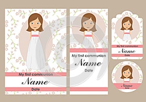 First communion card, bookmark, label and sticker set for children