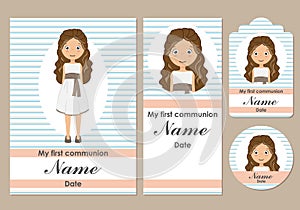 First communion card, bookmark, label and sticker set for girl