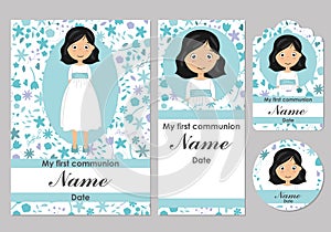 First communion card, bookmark, label and sticker set for girl