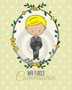 First communion card. Boy inside frame