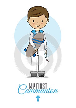 First communion card. Boy with skateboard.