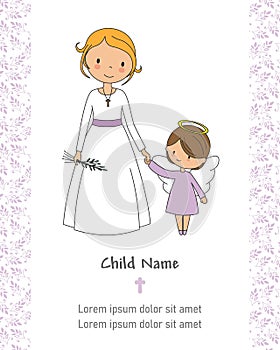 First communion card. Child and angel.