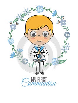 First communion card. Praying boy