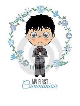 First communion card. Praying boy