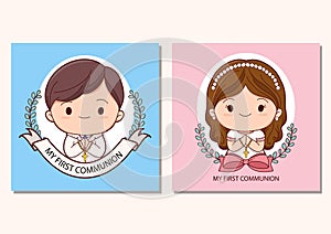 First communion card template for girl and boy vector illustration design. holy communion