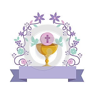 First communion in chalice with floral crown