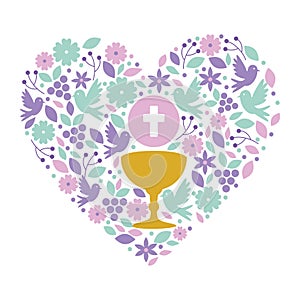 First communion in chalice with floral heart decoration