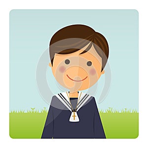 First communion child foreground on blue sky background