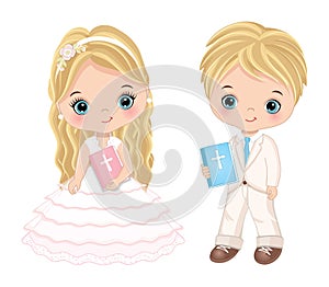 First Communion for Kids. Vector 1st Communion for Cute Little Girl and Boy