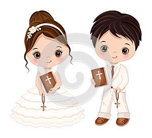 First Communion for Kids. Vector 1st Communion for Cute Little Girl and Boy